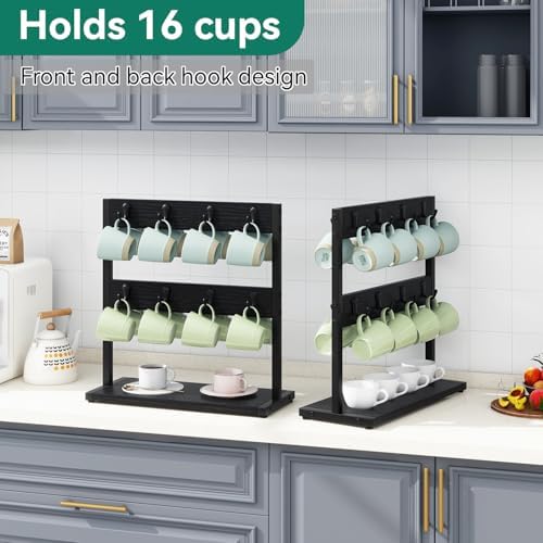 IBUYKE Coffee Mug Holder for Countertop,16 Hook Mug Tree,Black TBJ001B