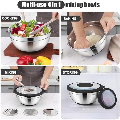 E-far Stainless Steel Mixing Bowls with Lids & Colander, 15PCS