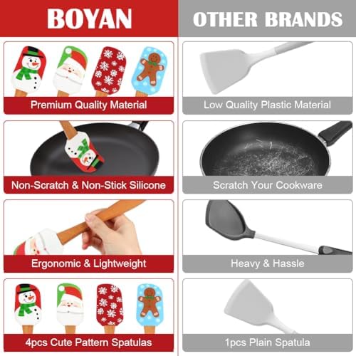 BOYAN 4PCS Christmas Silicone Spatula with Wooden Handle for Baking