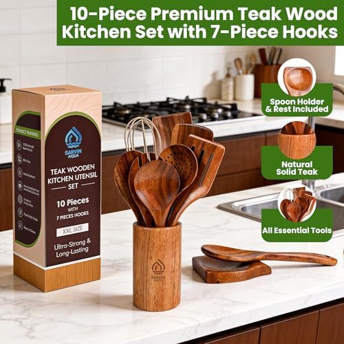 10 Piece Teak Wooden Utensil Set with Holder
