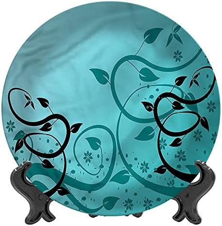 XISUNYA 8 Inch Teal Ceramic Decorative Plate,Winding Tendrils Leaves