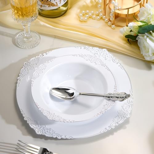 Bestluck 100 Pack White Plastic Bowls with Silver Relief Rim