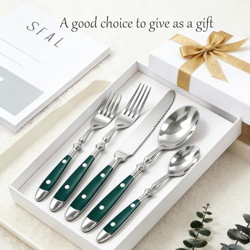 Vintage Silverware Set Service for 4, Flatware Set with Green Bakelite