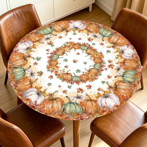 Fall Round Fitted Tablecloth with Elastic Edge Thanksgiving Autumn