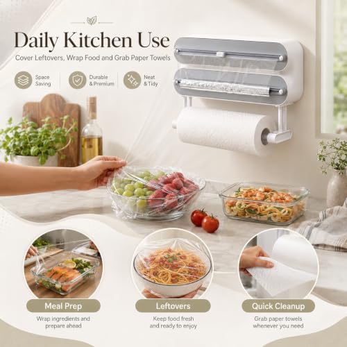 Magnetic Wrap Dispenser with Cutter, 3-in-1 Kitchen Roll Holder