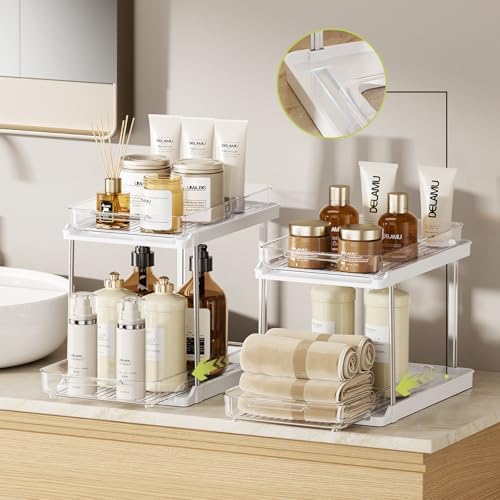 Delamu 2-Tier Under Sink Organizers, White, 4 Pack