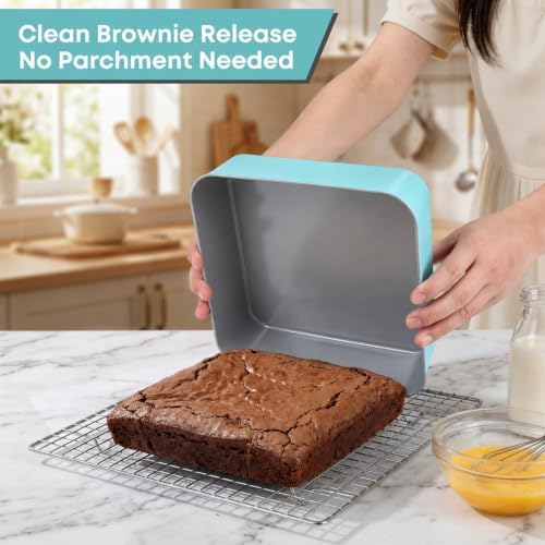 9x9 Square Cake Pan with Lid, Nonstick, Foldable Handle