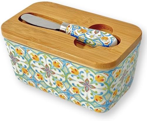 Butter Dish with Lid for Countertop 16oz, Ceramic, with Boho Knife