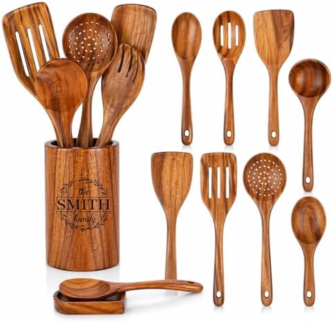 Personalized 9-Piece Natural Teak Wood Utensil Set