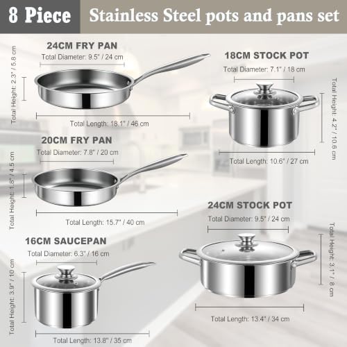 Stainless Steel Pots and Pans Set, 8 Piece Kitchen Induction Cookware Sets with Glass Lids, Works with Induction, Electric and Gas Cooktops, Non Toxic, Oven & Dishwasher Safe