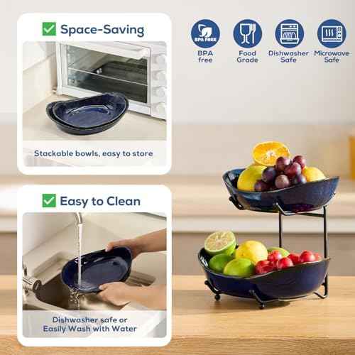 DUJUST 2 Tier Fruit Bowl, Kiln Altered Glaze Ceramic Fruit Stand, Stackable & Easy to Store, Multifunctional Serving Tray for Fruit/Vegetables/Snacks, Microwave & Dishwasher Safe - Dark Blue
