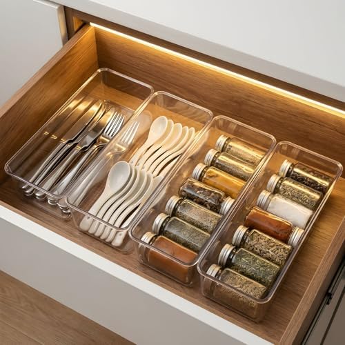 Hudgan 4 Clear Pantry Organizer Bins for Kitchen Drawer, Refrigerator