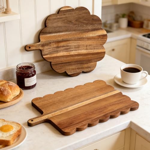 Acacia Wood Scalloped Cutting Boards Set, Decorative Wooden