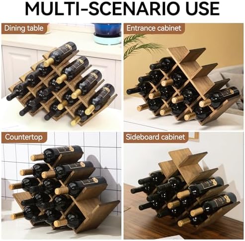KIRIGEN Wood Wine Rack, 13-Bottle 4-Tier Countertop Holder, Brown