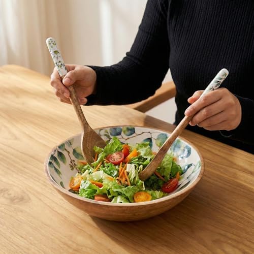 12.5" Large Wooden Salad Bowl with Servers, 3 Piece Wood Serving Bowl