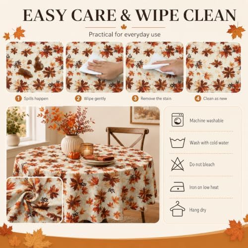 Fall Round Tablecloth 60 Inch Maple Leaves Waterproof Heat Resistant