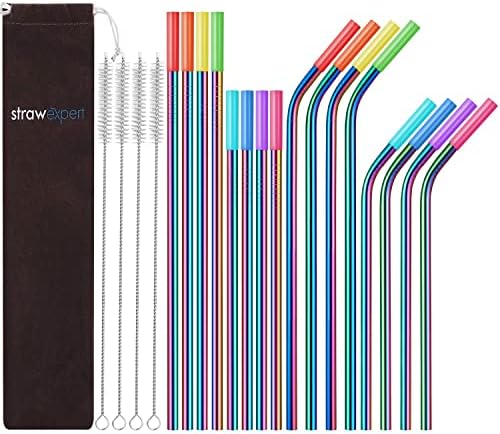 StrawExpert Set of 16 Reusable Stainless Steel Straws with Travel Case