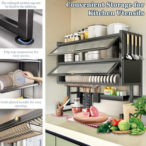 Dish Drying Rack 4 Tiers with Cover, Keep Kitchen Sink Shlef Organized Space-Saving, Large Drying Rack for Dishes, Glasses, Bowls, Cutlery Black (41.3''Double)