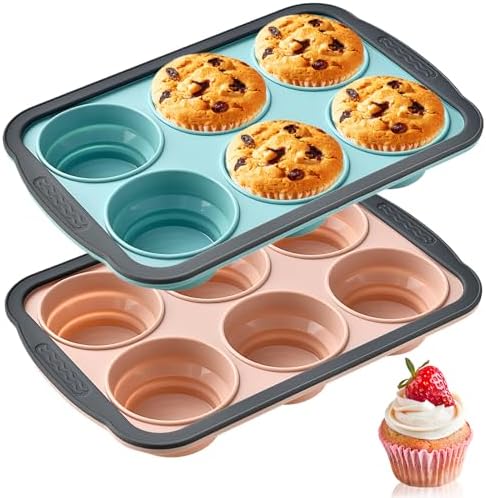 RAYBIN 2 Pack Silicone Muffin Pans for Baking, 6 Cup Nonstick Cupcake