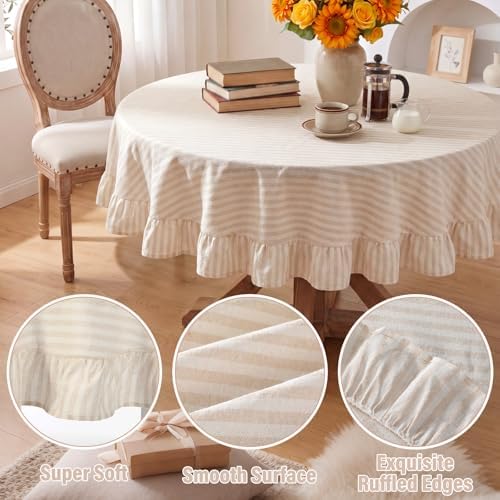 Boao Cotton Striped Tablecloth Round 60" Beige White