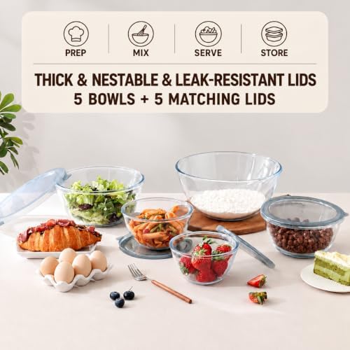 Cuiselct 5pcs Glass Mixing Bowls with Lids Set, Nesting Mixing Bowls