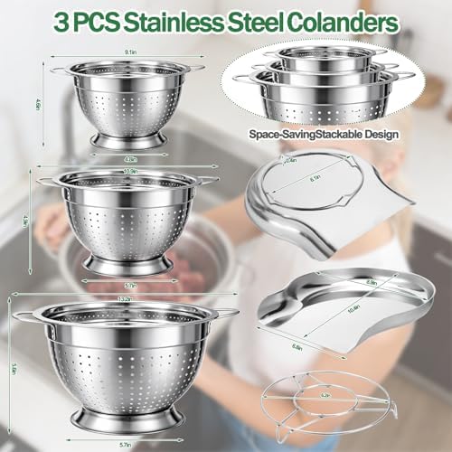 Strainers and Colanders for Kitchen, 3-Piece Stainless Steel Set