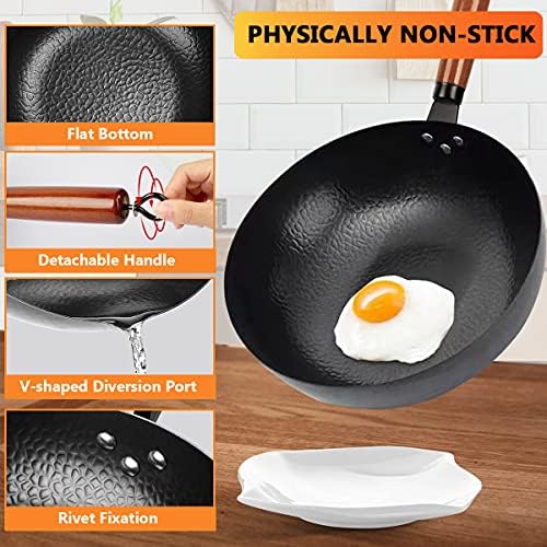 14 Piece Carbon Steel Wok Pan, Woks & Stir-Fry Pans Set with Wooden