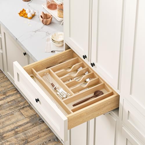 Clikuutory Natural Birch Wood Utensil Drawer Insert Organizer with 10