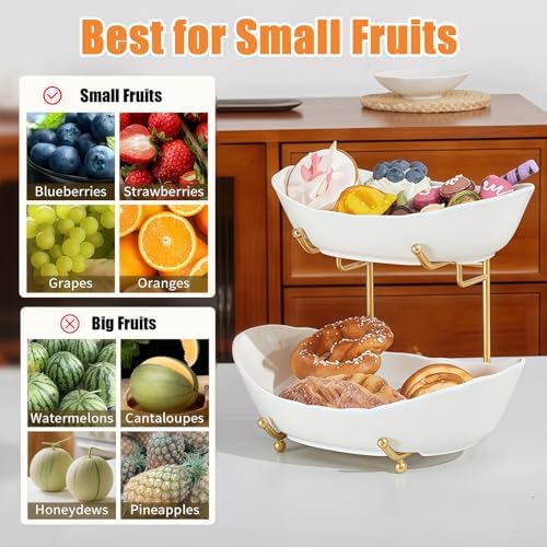 2 Tier Fruit Bowl, Ceramic Fruit Basket for Kitchen Counter