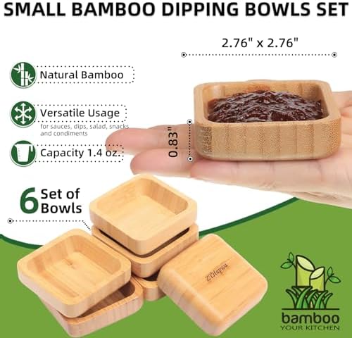 Snack Bowl Set, Small Bamboo Sauce Dish Dipping Bowls for Appetizers