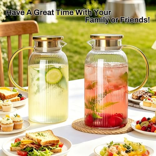 Buaic 2 PACK Glass Pitcher with Lid, 68 oz Glass Carafe with Silicone