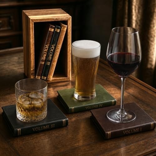 Book Coasters Set of 6 | Wood Coasters - Book-Style Decorative Wooden