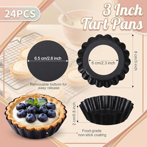 24 Pcs Mini Tart Pans, 3 Inch Tart Pan with Removable Bottom Nonstick