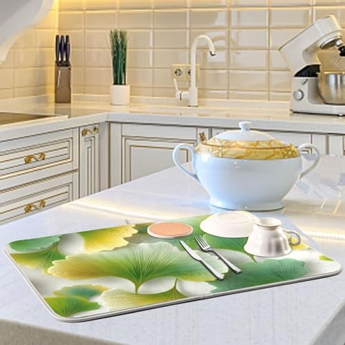 OTVEE Metallic Leaf Art Dish Drying Mat for Kitchen Counter Absorbent