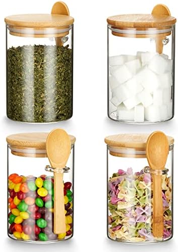 Mfacoy Set of 4 Airtight Glass Jars with Bamboo Lids & Spoons, 17 oz