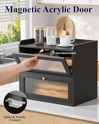 Kitsure Wooden Bread Box for Kitchen Countertop, Large Capacity, Black