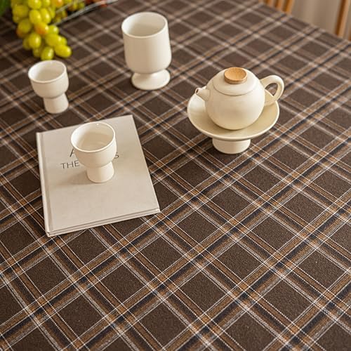 Farmhouse Plaid Tablecloth with Tassel Fringe, Polyester Cotton Rustic