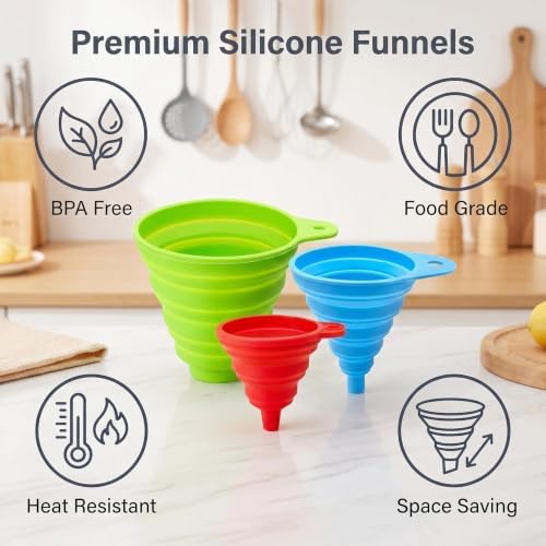 Kitchen Funnel Set 3 Pack, Large, Medium, and Small, Food Grade