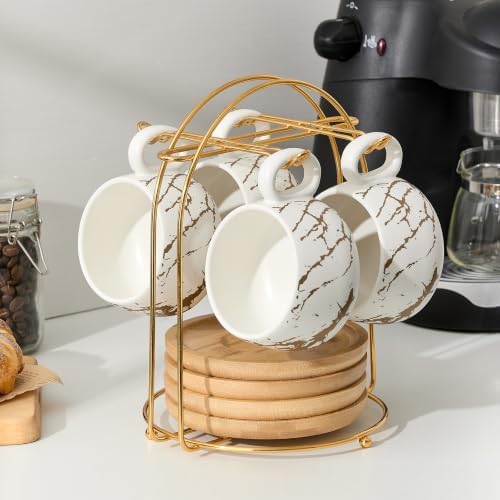 LUKA 7.77 oz Ceramic Cappuccino Cups with Bamboo Saucers and Metal