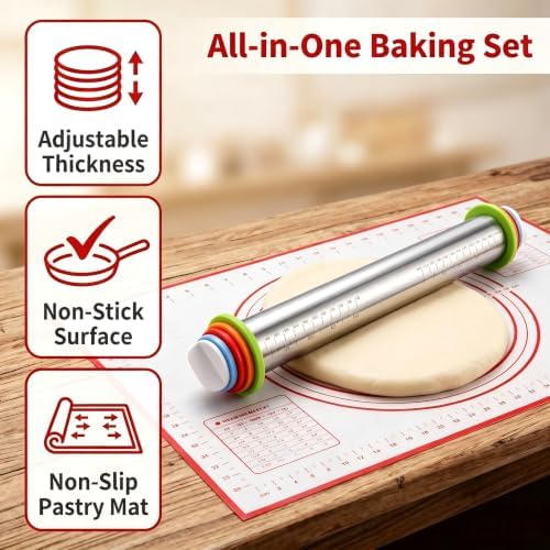 Adjustable Stainless Steel Rolling Pin & Non-Slip Silicone Baking Mat