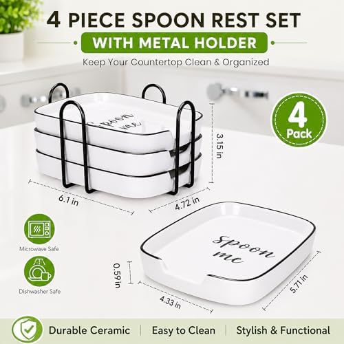 4 Pack White Ceramic Spoon Rest for Stove Top, Durable Spoon Rest Set