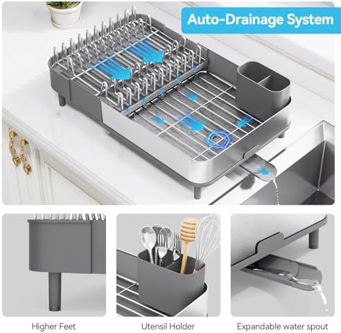 Urackify Expandable Stainless Steel Dish Drying Rack, Gray