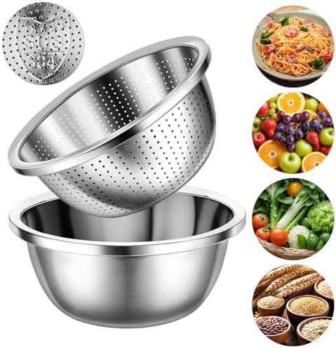 304 Stainless Steel Microporous Colander Set - 3QT Large Capacity Kitchen Strainer, Dishwasher Safe for Vegetable/Fruit/Rice Washing & Cooked Pasta Draining （2PC)