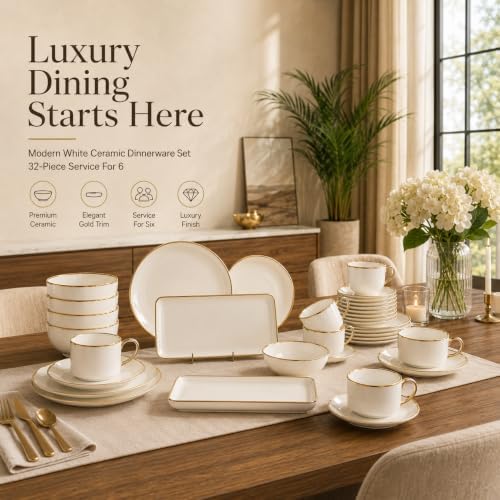32-Piece Ceramic Dinnerware Set for 6, White Tableware Set with Gold