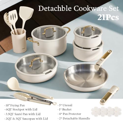 CAROTE 21pcs Tri-Ply Stainless Steel Cookware Set with Detachable Handle