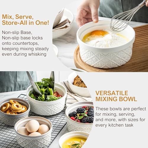 Large Mixing Bowls with Airtight Lids, Classic White Porcelain Embossed Nesting Salad Bowls for Baking and Cooking, 12/16/28/40oz Serving Bowls Set of 4, Oven and Dishwasher Safe, Thanksgiving Gift
