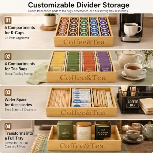 MinBoo Premium Bamboo Coffee Station & Tea Bag Organizer Box -7 Adjustable Slots with Removable Dividers, Silicone Non-Slip Pads - Eco-Friendly Countertop & Drawer Storage for K-Cups, Office Breakroom