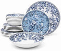 TUDOR ROYAL 12-Piece Porcelain Round Dinnerware Set, Service for 4, MING FLOWER Design, Blue Floral, Plates Bowls Dishes, Premium Quality Tableware, Unique Pattern, Glossy
