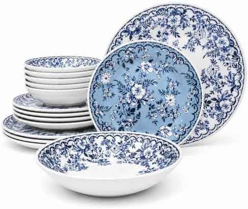 TUDOR ROYAL 12-Piece Porcelain Round Dinnerware Set, Service for 4, MING FLOWER Design, Blue Floral, Plates Bowls Dishes, Premium Quality Tableware, Unique Pattern, Glossy