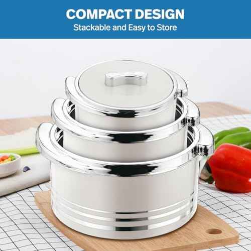 Pinnacle Insulated Casserole Dish with Lid 3 pc Set 3.7/2.6/1.5 qt. Hot Pot Food Warmer/Cooler –Thermal Soup/Salad Serving Bowl- Stainless Steel Hot Food Container–Best Gift Set for Moms –Holidays